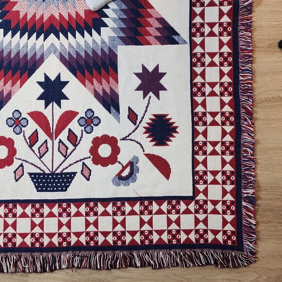 Woven Blanket Wall Hanging Patriotic Red White Blue Fringed Flowers Patchwork - Picture 14 of 14
